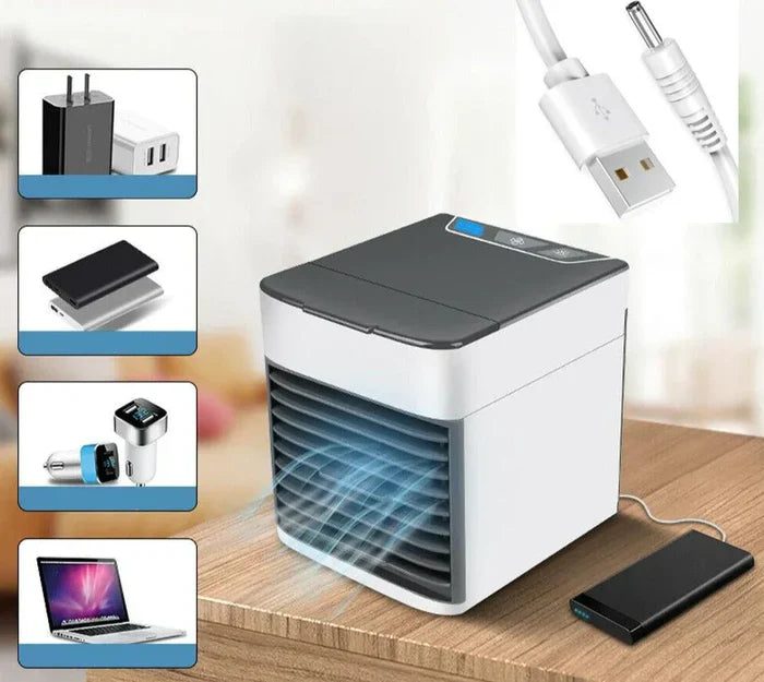 Portable mini air conditioner with LED light, perfect for bedside personal cooling.