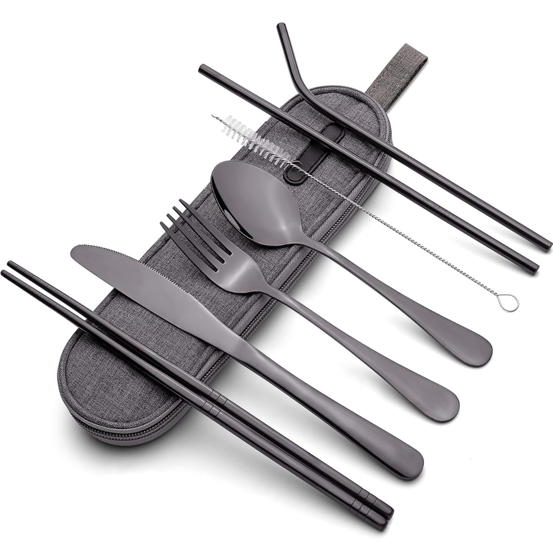 Portable stainless steel cutlery set for travel & outdoor dining. Reusable & eco-friendly utensils.