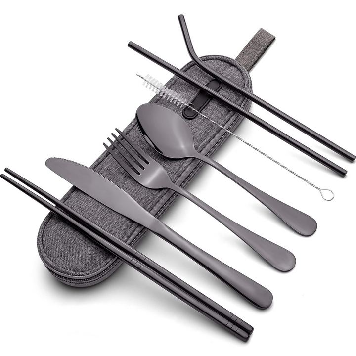 Portable stainless steel cutlery set for travel & outdoor dining. Reusable & eco-friendly utensils.