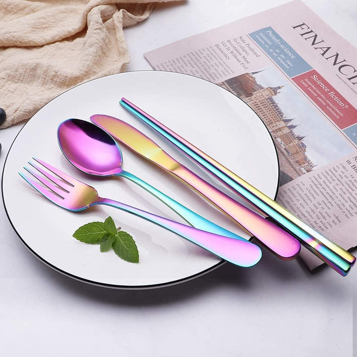 Complete portable stainless steel utensil set, perfect for eco-friendly outdoor dining.