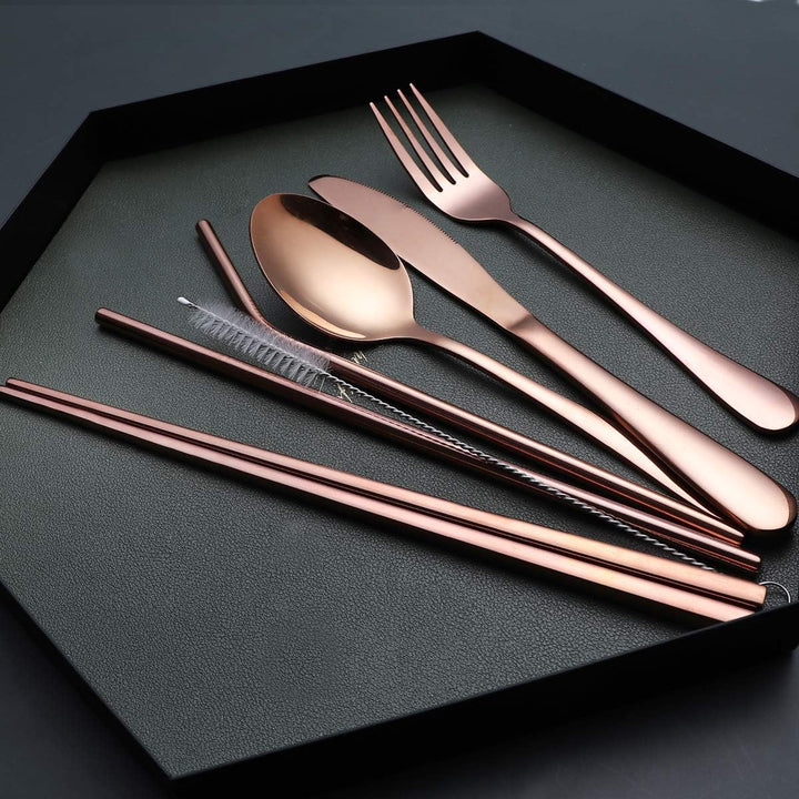 Reusable stainless steel travel cutlery with fork, spoon, knife for lunch & camping.
