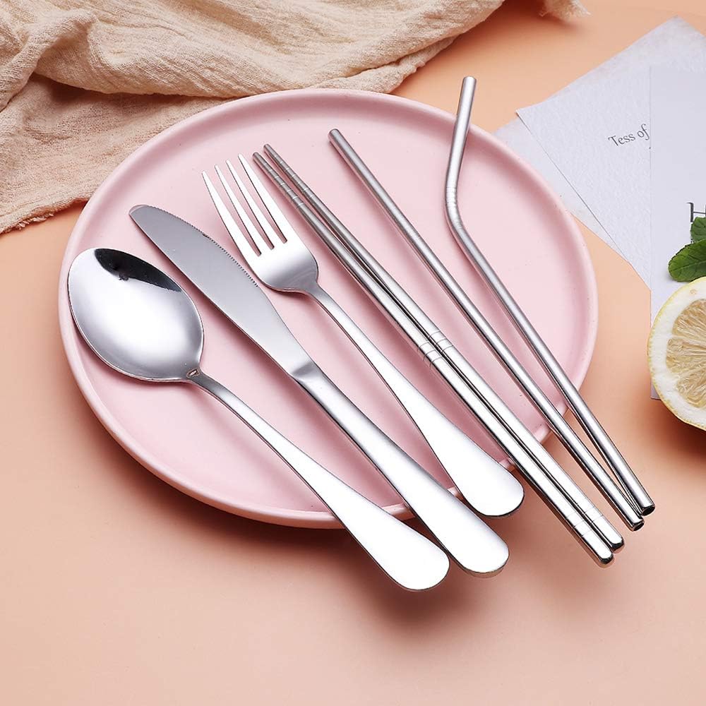 Eco-friendly portable stainless steel fork, spoon, knife in a durable travel case.