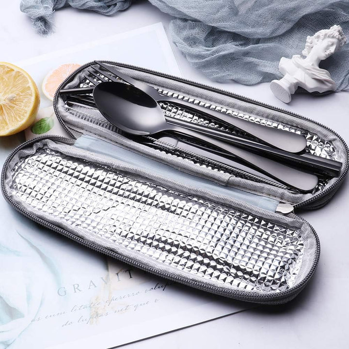 Outdoor dining essential: reusable stainless steel cutlery set with travel pouch.