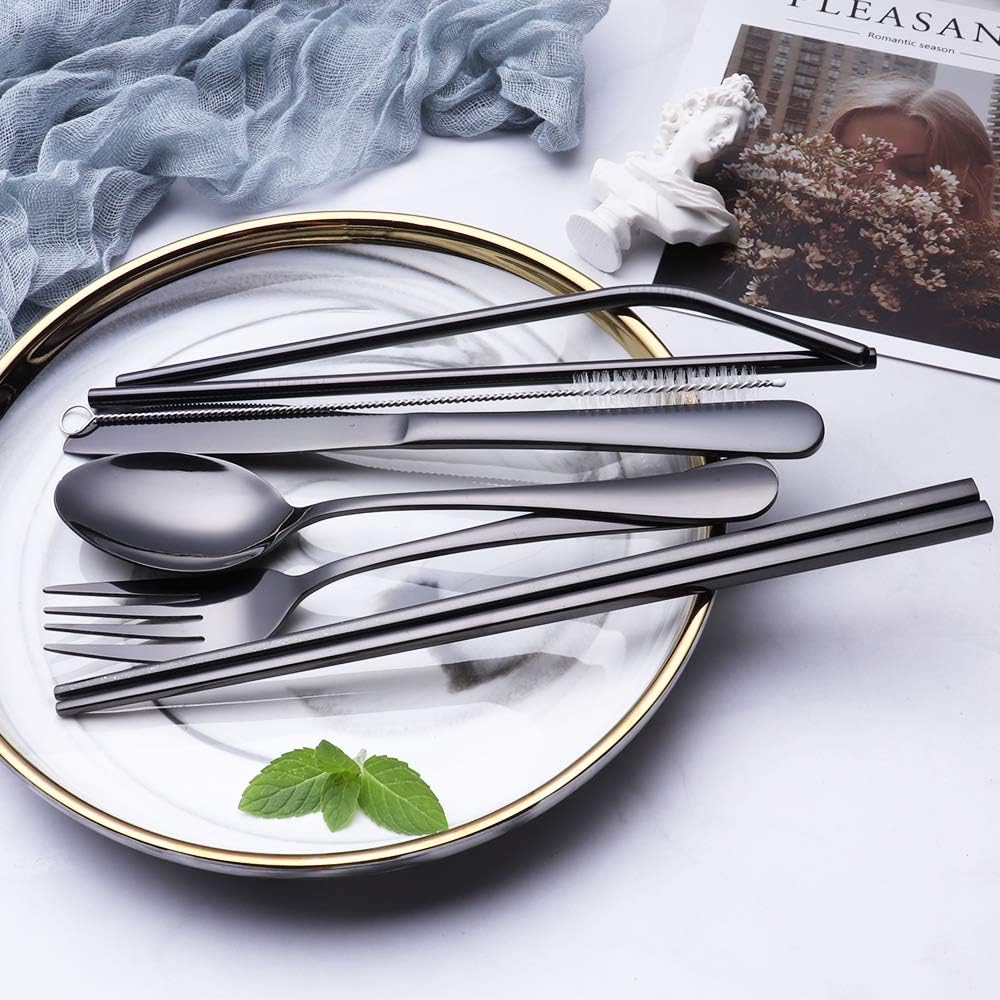 Durable stainless steel portable utensil set, ideal for camping, hiking, and travel.