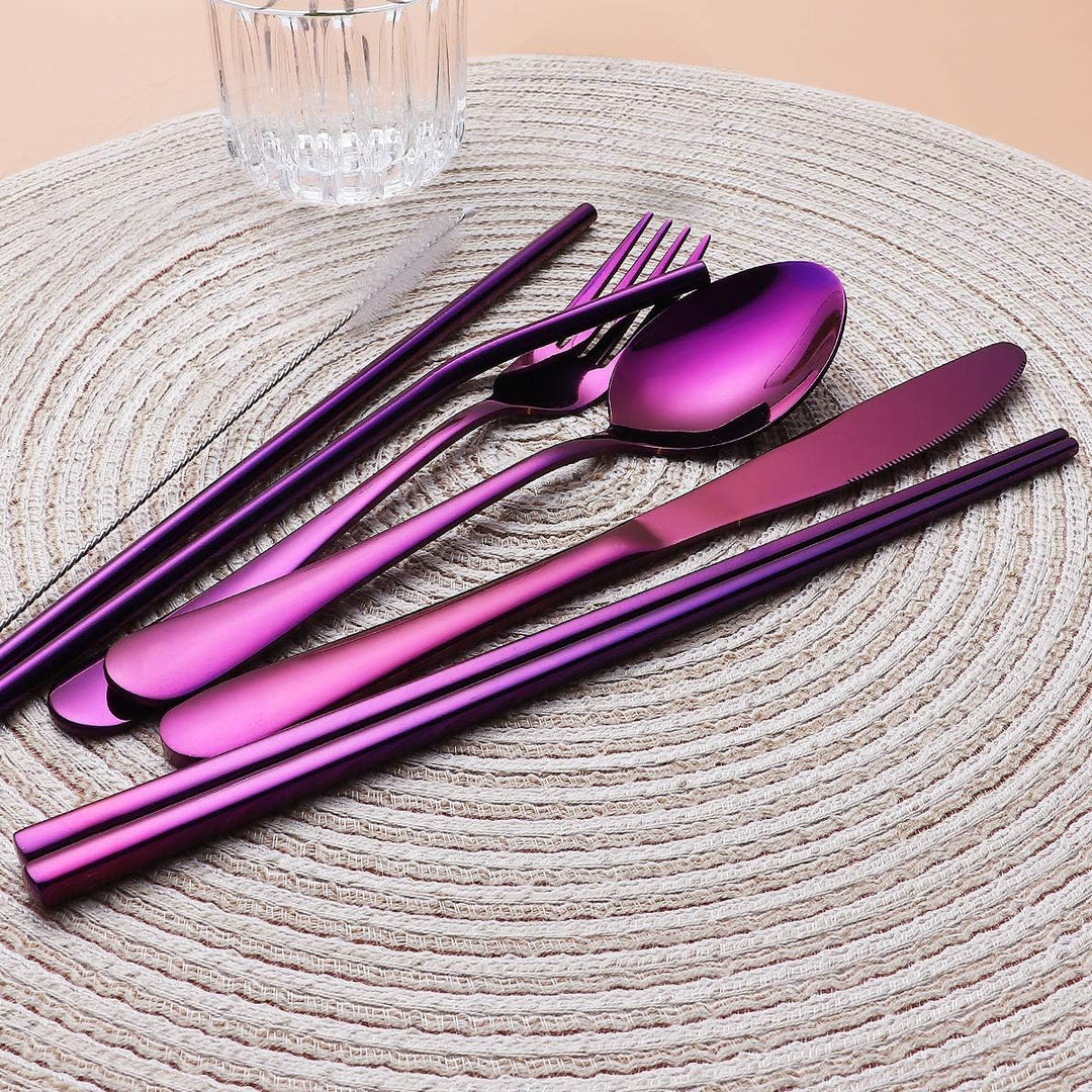 Travel-ready stainless steel fork, spoon, knife, & chopsticks set for diverse meals.
