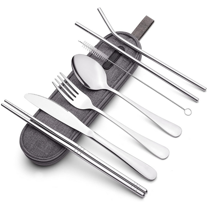 Compact travel cutlery set, perfect for lunch on-the-go. Stainless steel fork, spoon, knife.