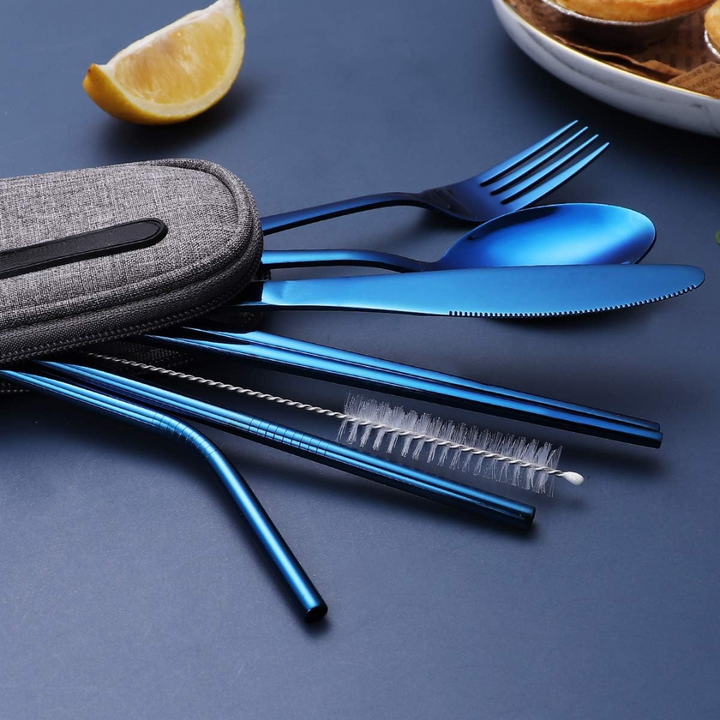 Eco-conscious stainless steel reusable utensil set, great for zero-waste lifestyle.