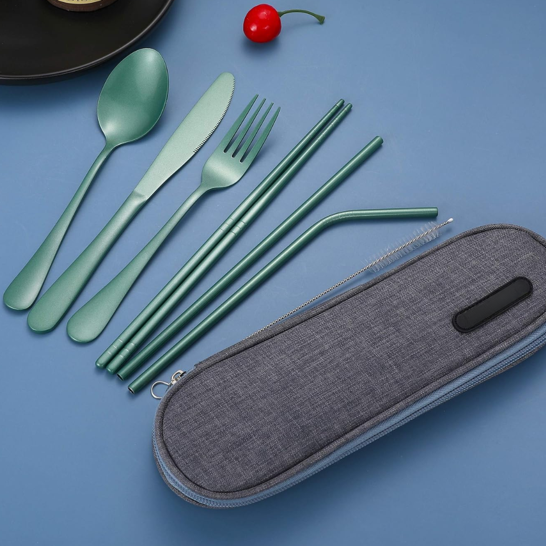 Portable stainless steel cutlery set in a vibrant colored case, easy to spot and carry.