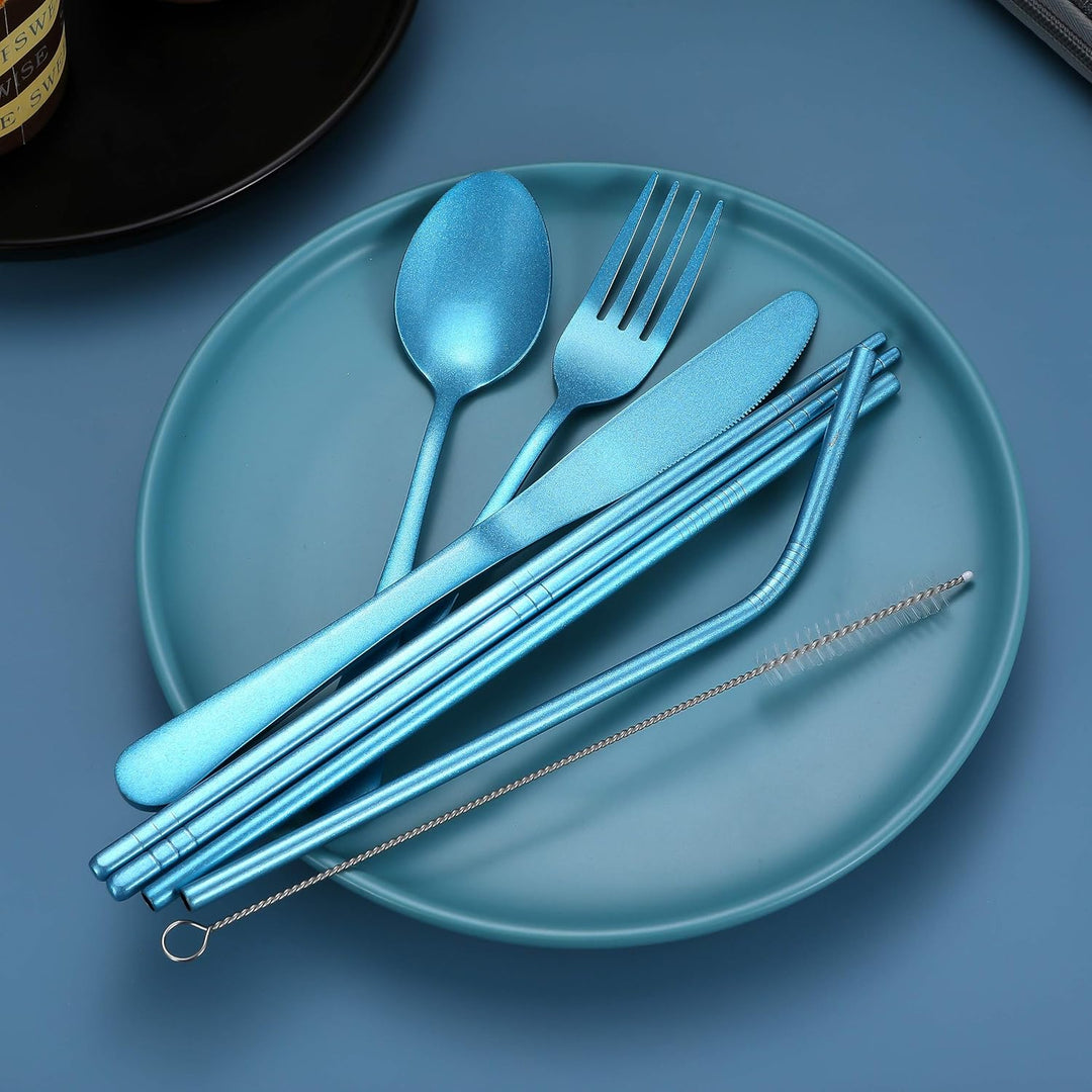 Family-friendly portable stainless steel utensil set, ideal for road trips & camping.