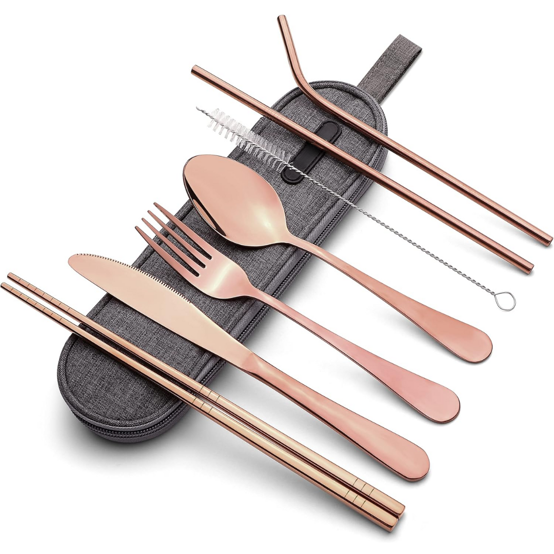 Eco-friendly reusable stainless steel utensil set with case for camping and picnics.