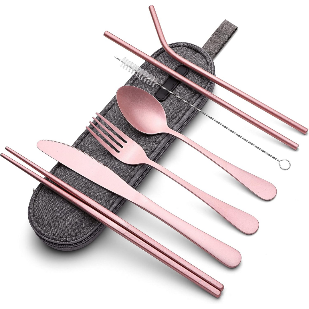 Travel-friendly stainless steel fork, spoon, knife set in a convenient carry pouch.
