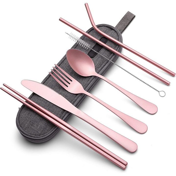 Travel-friendly stainless steel fork, spoon, knife set in a convenient carry pouch.