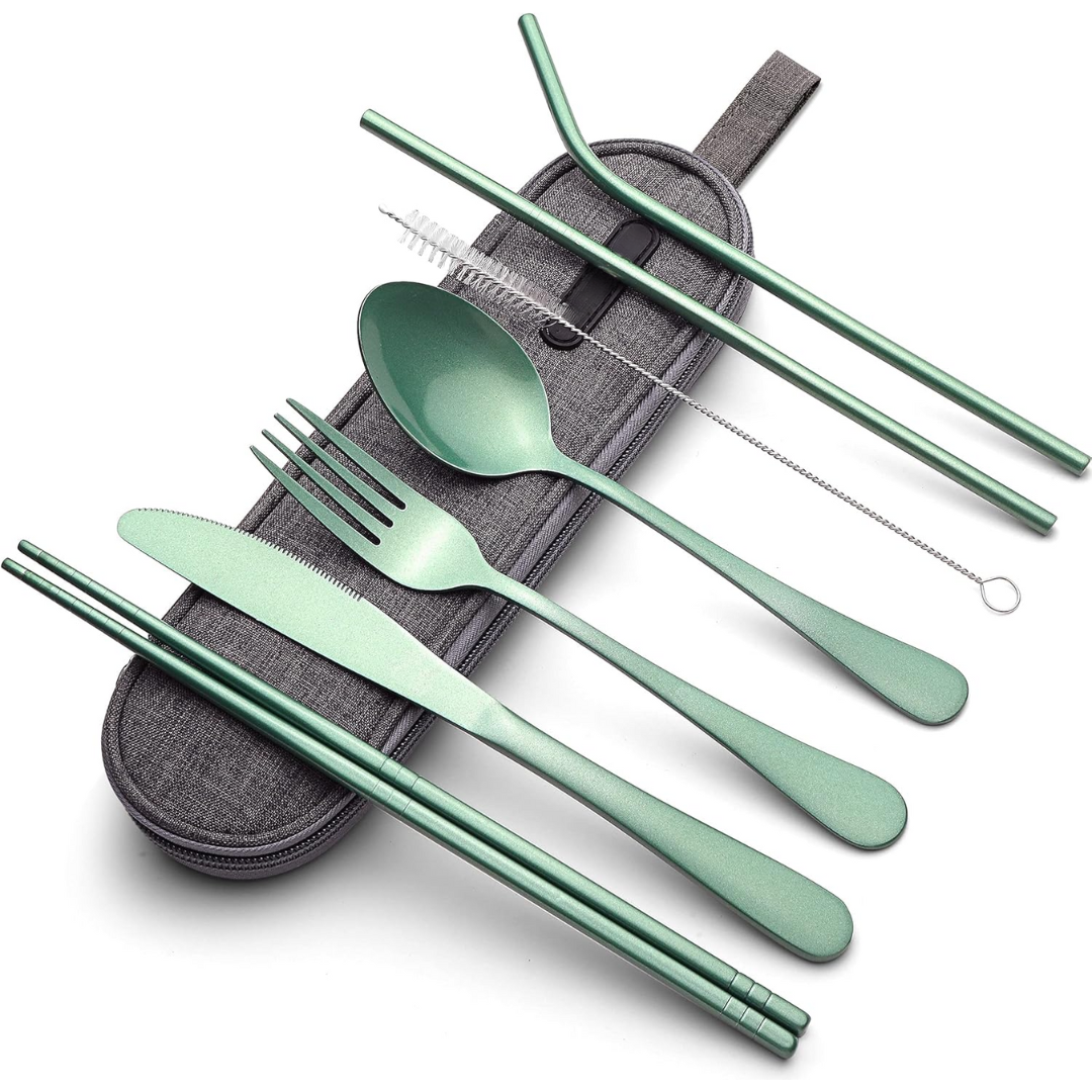 Sleek portable stainless steel cutlery set, ideal for eco-conscious travelers.