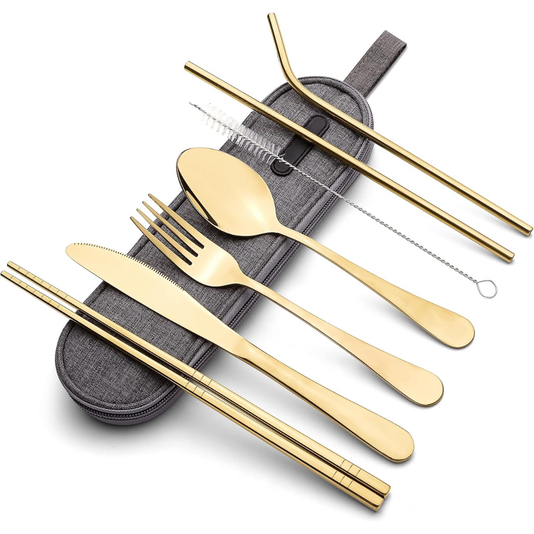Camping utensil set: stainless steel knife, fork, spoon in a compact travel case.