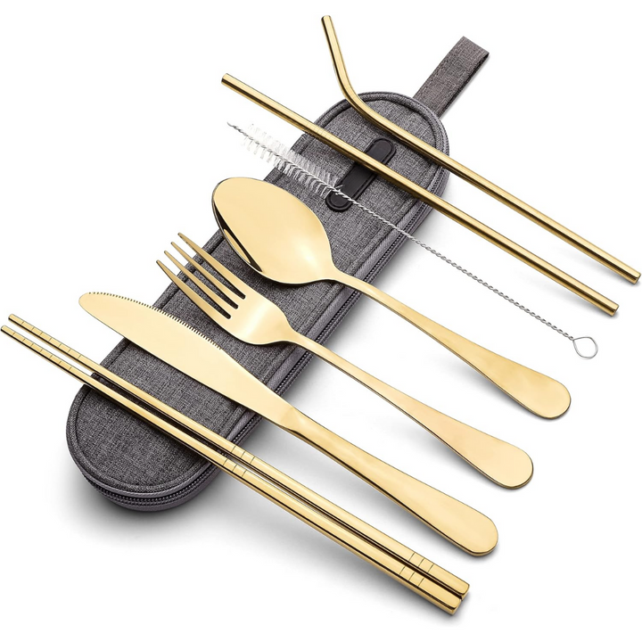 Camping utensil set: stainless steel knife, fork, spoon in a compact travel case.