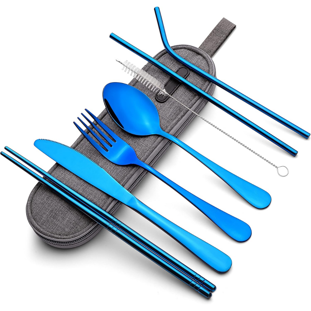 Colorful portable stainless steel cutlery set, eco-friendly travel essential for daily use.