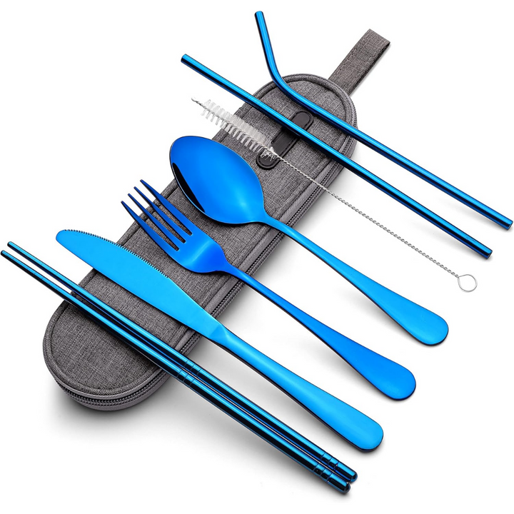 Colorful portable stainless steel cutlery set, eco-friendly travel essential for daily use.
