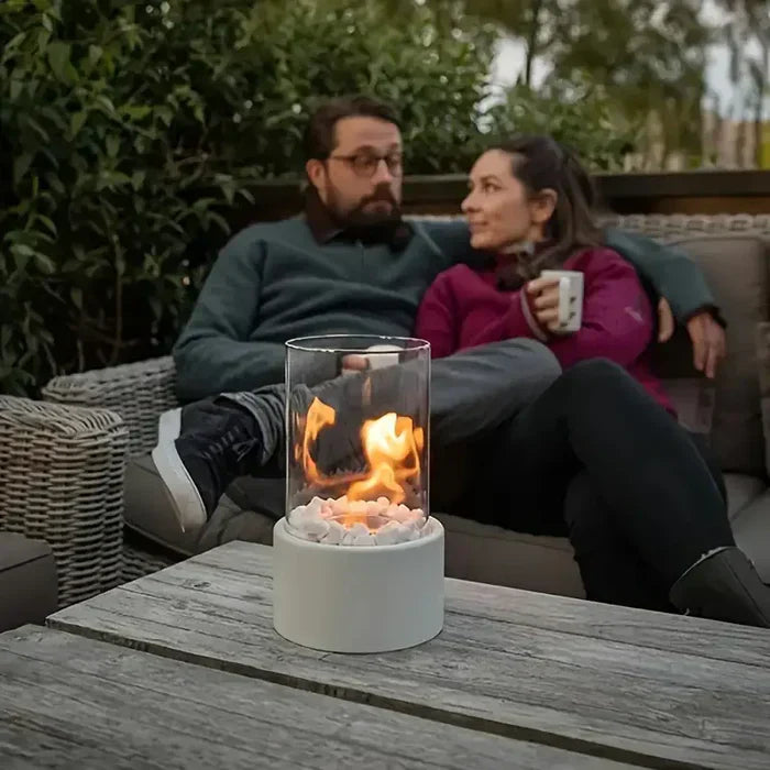 GlowLuxe portable fire pit lantern, with a captivating flame feature for modern home & patio decor.