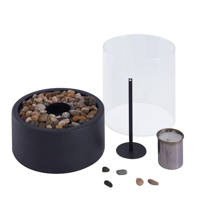 Contemporary steel tabletop fire pit, enhancing your patio, balcony, or living room with cozy light.