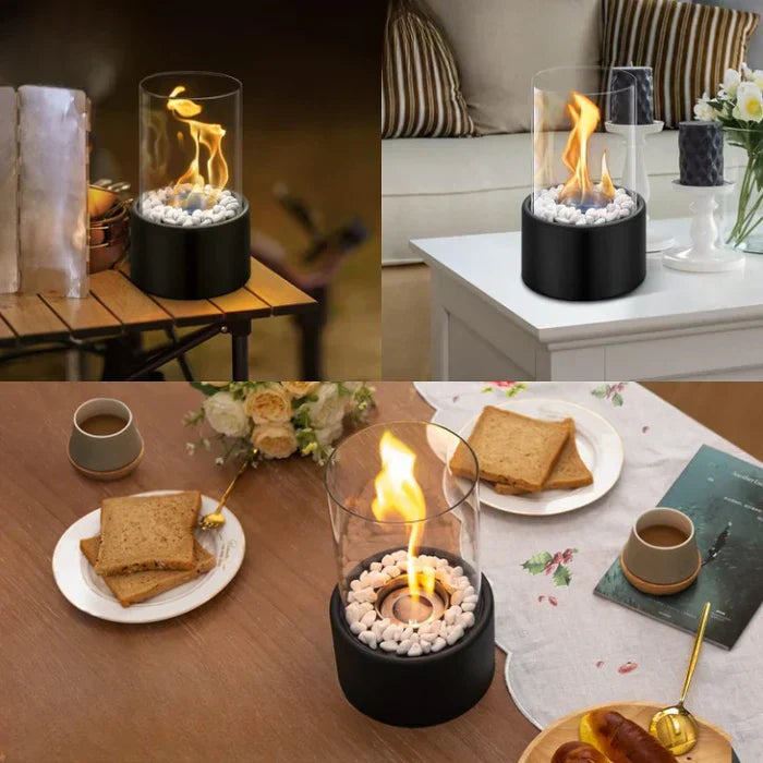 Easy-to-use portable tabletop fire pit, a modern decor accessory for instant cozy ambiance indoors & out.