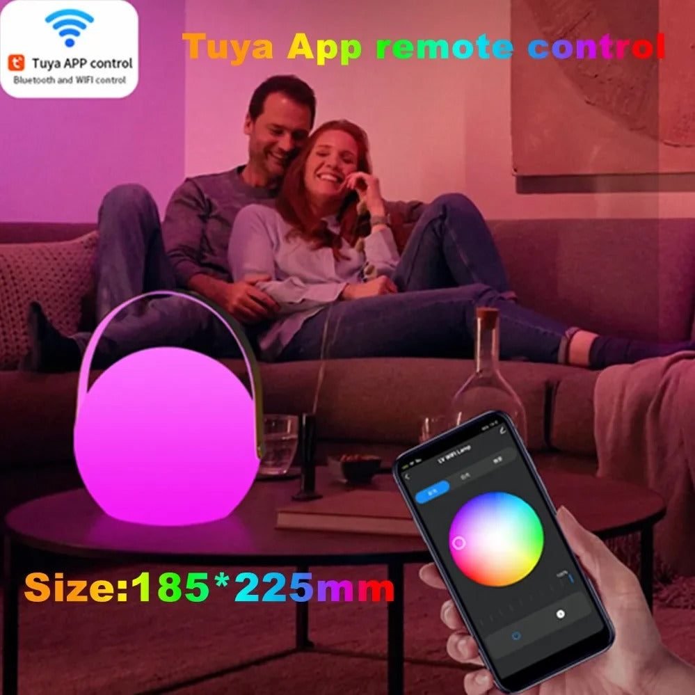 Portable waterproof cordless lamp with remote control, sleek modern design, suitable for indoor and outdoor lighting.