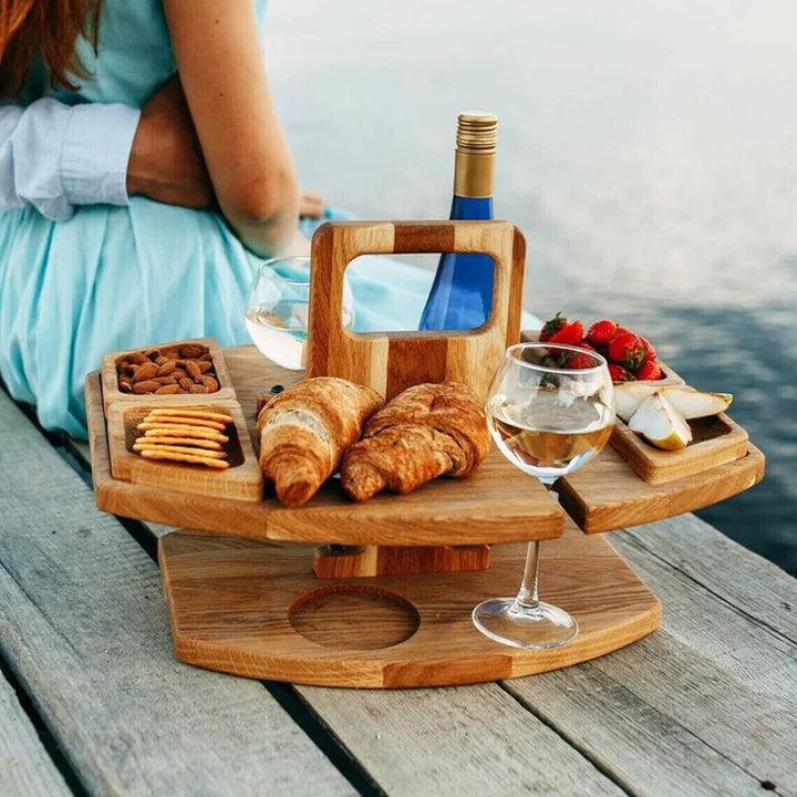 Unisex portable wooden serving table for outdoor events. Holds wine glasses & snacks. Perfect for beach trips.
