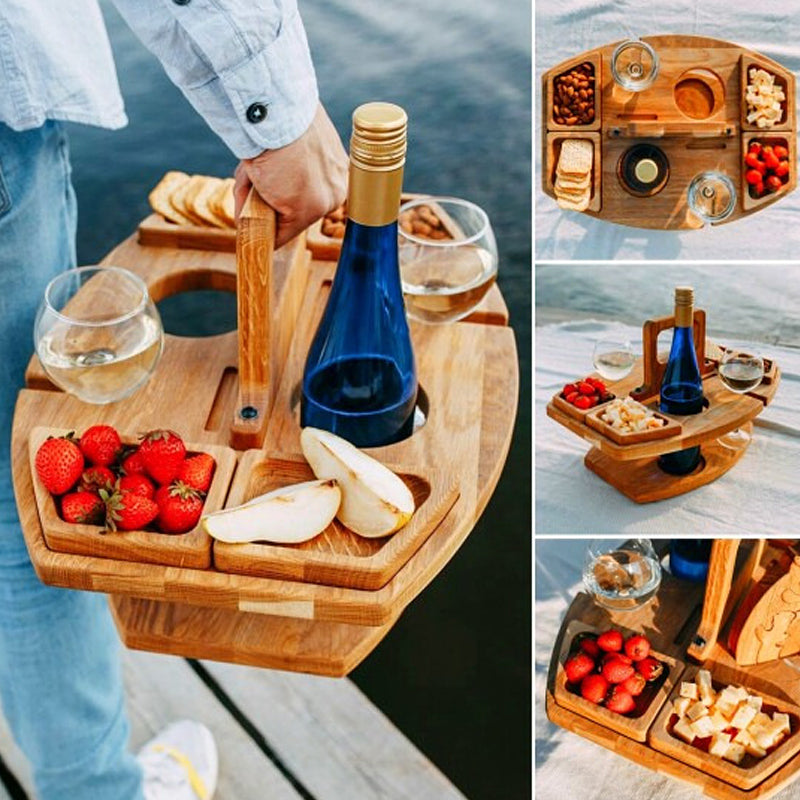 Stylish wooden picnic table for outdoor use. Portable, foldable design with drink holders, perfect for any garden party.