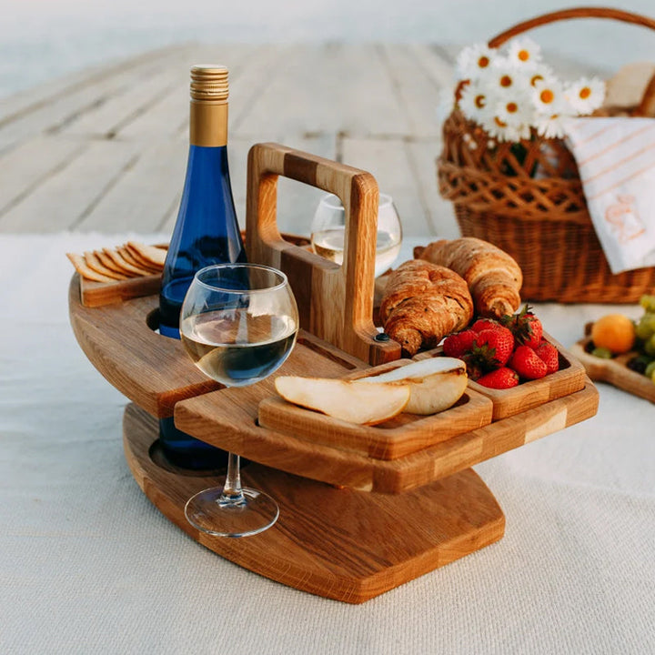 Versatile portable wood table, a travel accessory for wine & snacks at outdoor picnics, park, beach, or garden.
