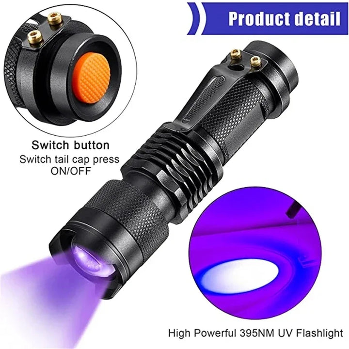 Black light UV flashlight for precise urine detection, making cleaning easier.