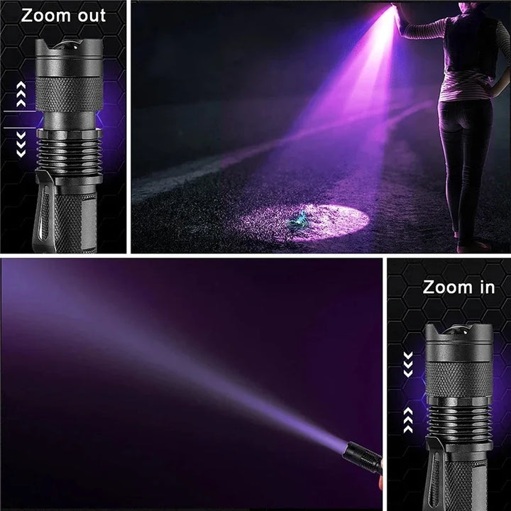Bright ultraviolet flashlight for effective pet urine detection on various surfaces.