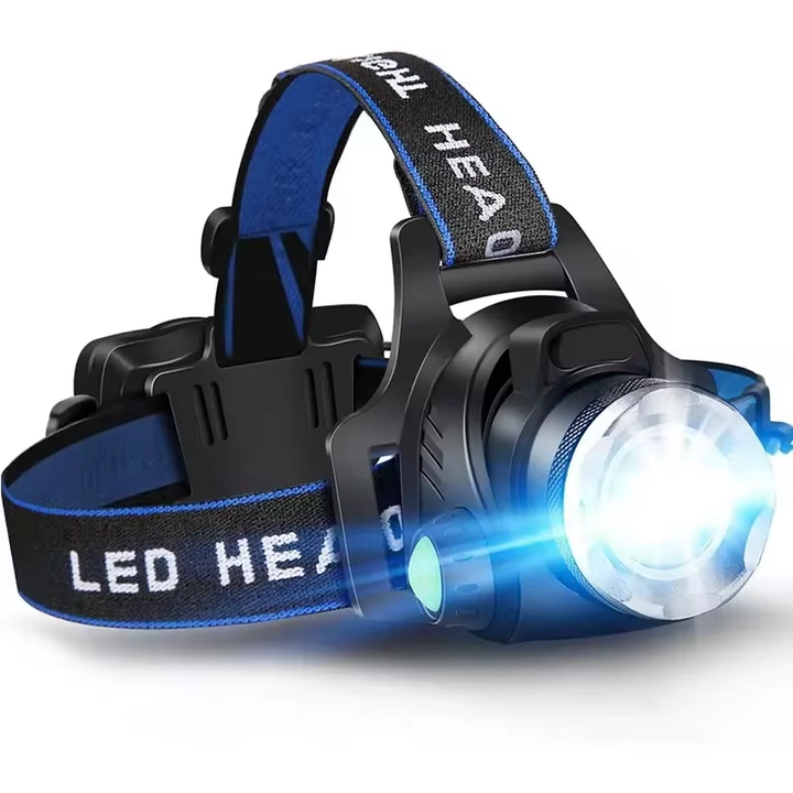 Powerful waterproof LED headlamp with zoom & rechargeable battery for outdoor adventures.