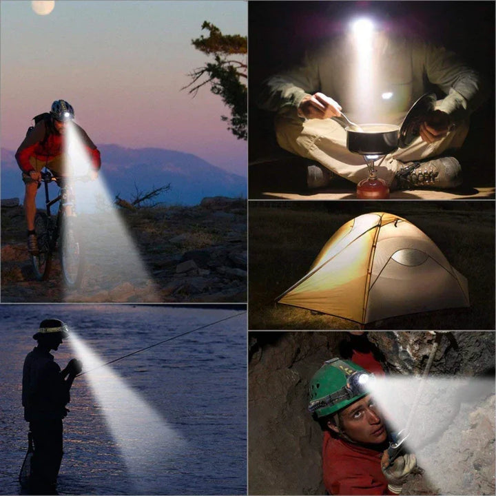 Rechargeable waterproof LED headlamp with zoom. Essential outdoor gear for camping, hiking & adventure.