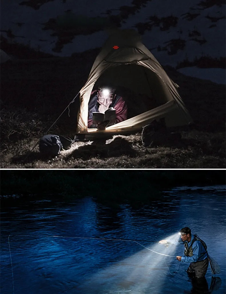 Unisex LED headlamp for camping, hiking, and fishing. Waterproof & rechargeable adventure light.