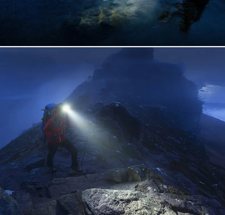 Bright, powerful LED headlamp for night hiking. Waterproof, zoom, and rechargeable for adventurers.