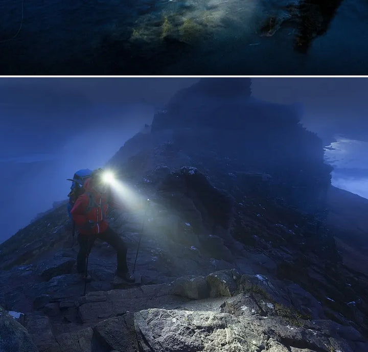 Bright, powerful LED headlamp for night hiking. Waterproof, zoom, and rechargeable for adventurers.