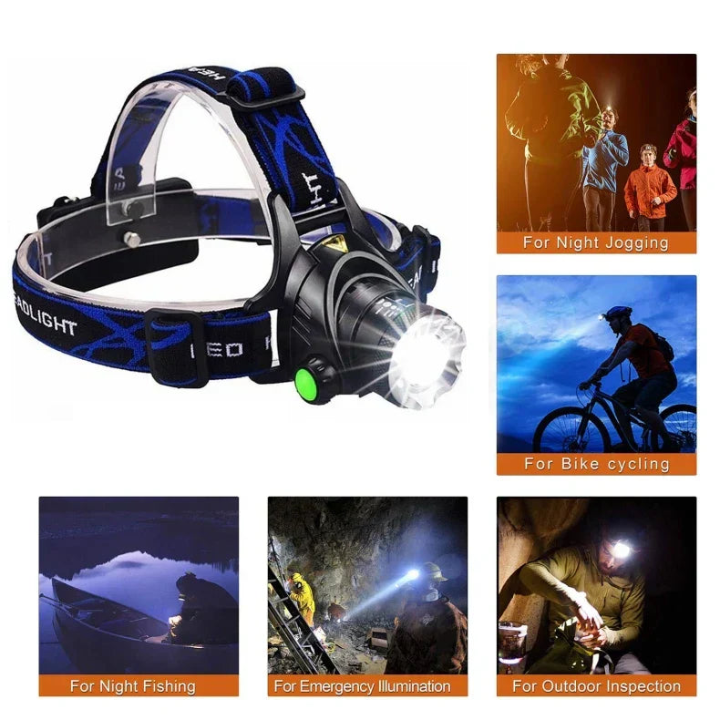 Close-up of a waterproof, rechargeable LED headlamp with zoom function. Ideal for outdoor use.