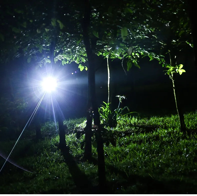 Bright beam from a waterproof LED headlamp illuminating a dark forest trail for night hiking.