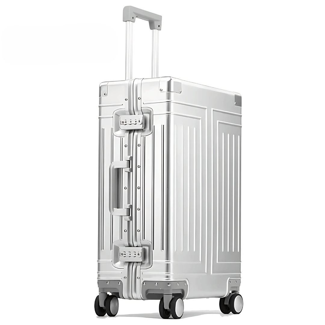 Interior of luxury aluminum hardshell luggage, organized compartments for travel.
