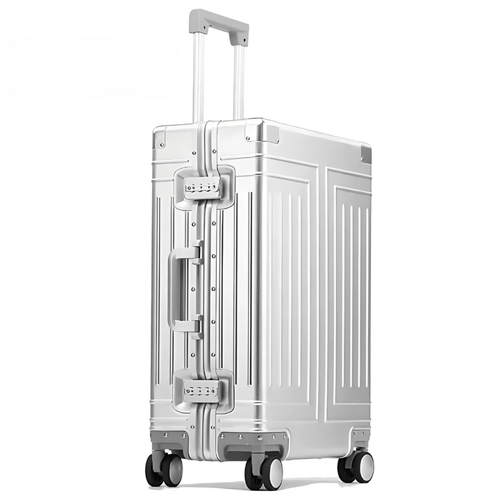 Interior of luxury aluminum hardshell luggage, organized compartments for travel.