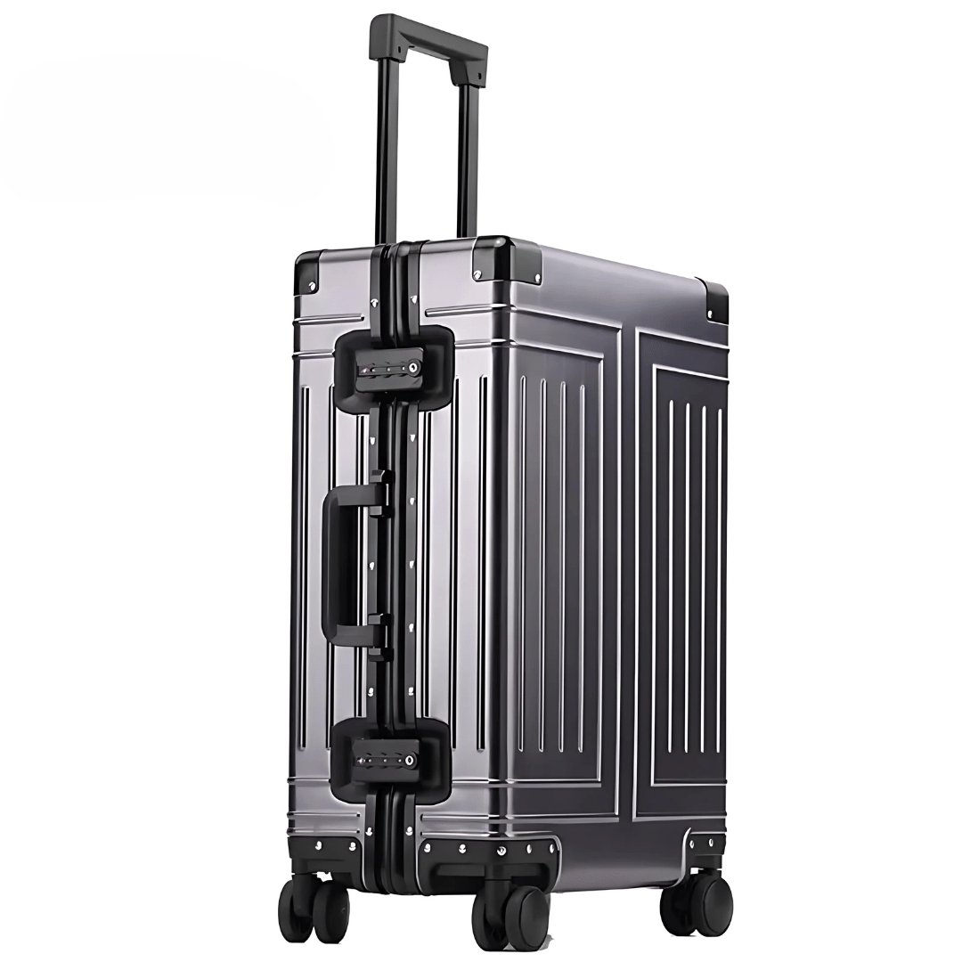 Elegant unisex aluminum hardshell travel suitcase, showcasing its robust, scratch-resistant finish.