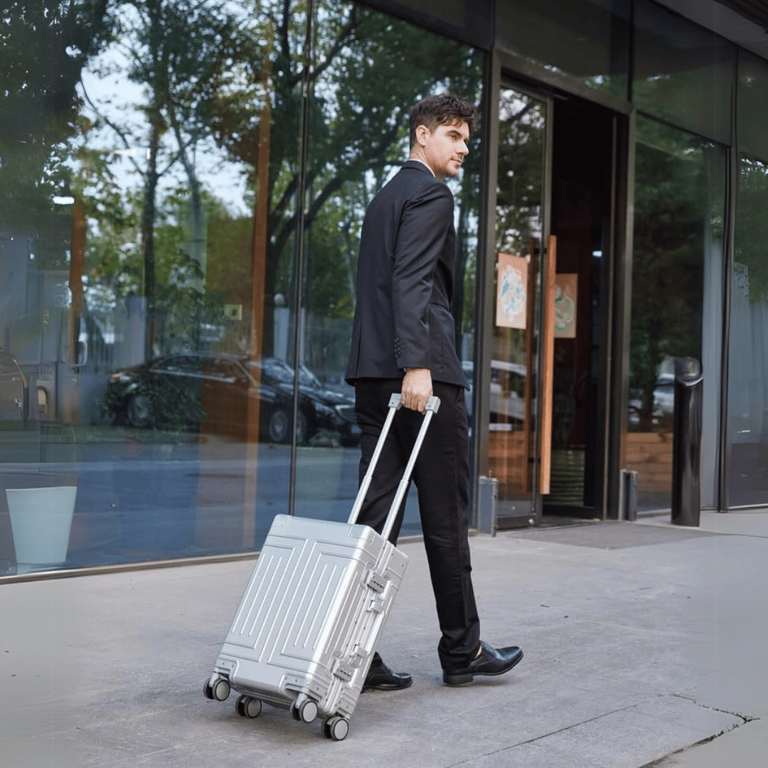 Luxury travel aluminum suitcase, a durable hardshell bag for discerning travelers.