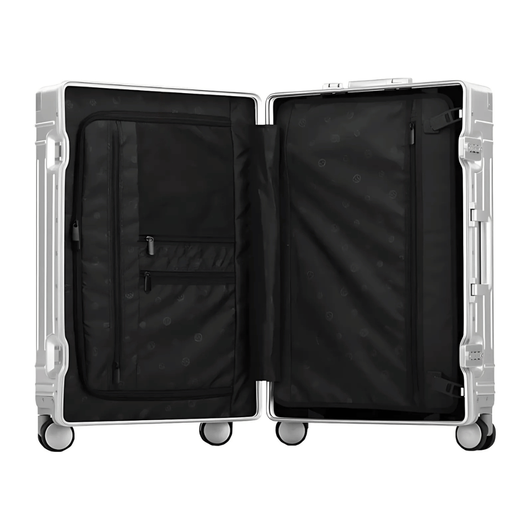 Sleek aluminum hardshell travel suitcase, perfect unisex luggage for any trip.