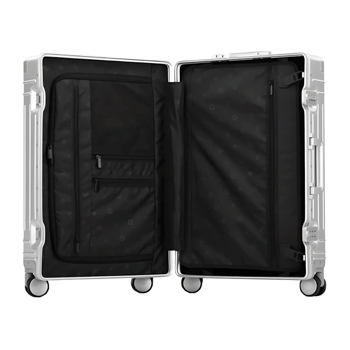 Sleek aluminum hardshell travel suitcase, perfect unisex luggage for any trip.