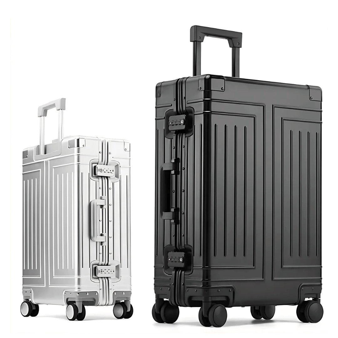 Compact aluminum hardshell cabin luggage, ideal unisex carry-on for short travels.