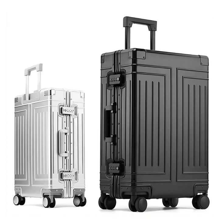 Compact aluminum hardshell cabin luggage, ideal unisex carry-on for short travels.
