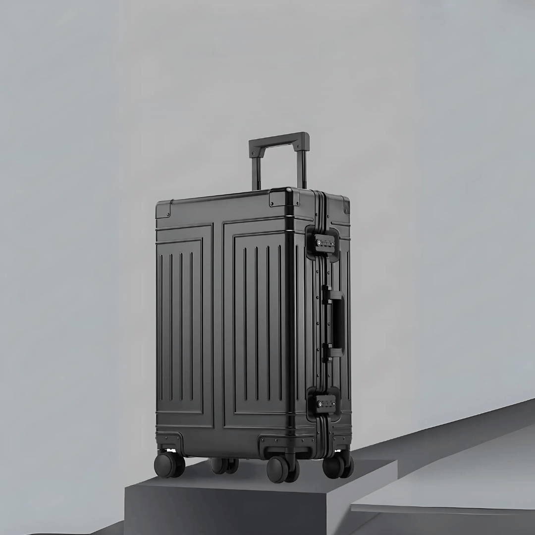Durable aluminum hardshell travel bag, ready for any adventure. Vacation gear essential.