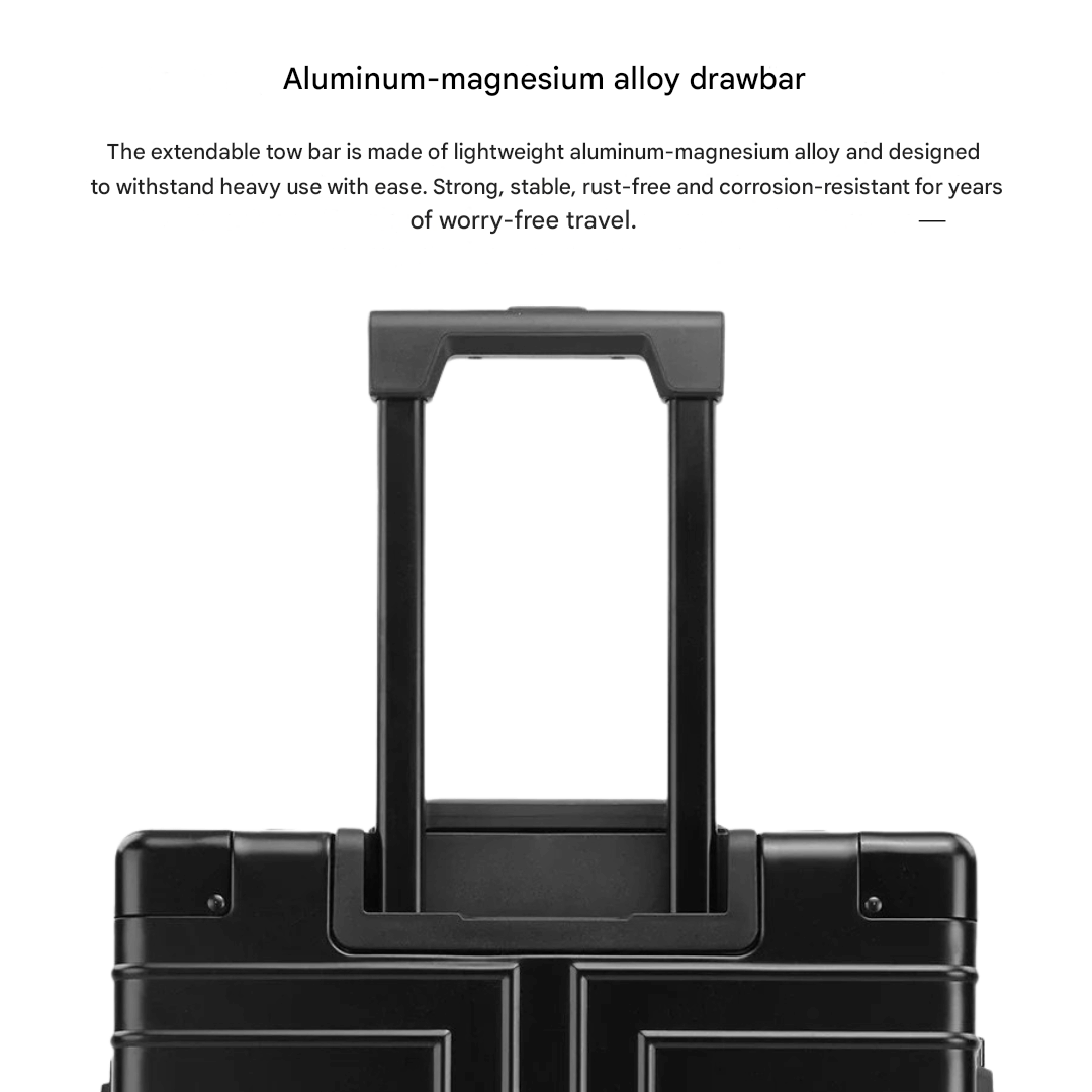 Close-up of a secure TSA lock on a premium aluminum hardshell suitcase.
