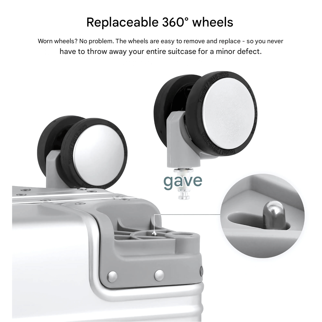 Smooth 360° spinner wheels on a premium aluminum hardshell travel suitcase, easy glide.