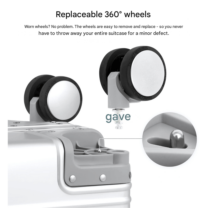 Smooth 360° spinner wheels on a premium aluminum hardshell travel suitcase, easy glide.