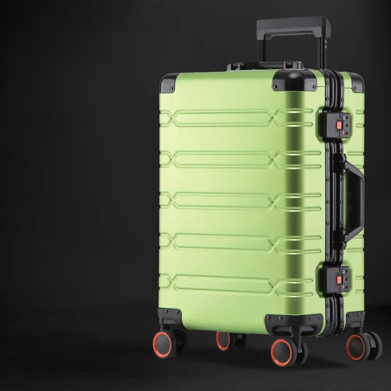 Sleek aluminum magnesium spinner suitcase, perfect hardshell carry-on for business travel.